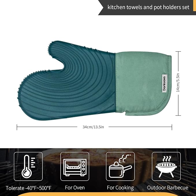 Silicone Oven Mitt Pack, Cotton Lined Gloves, Long Cooking Mitts and Trivet Mats - Image 2