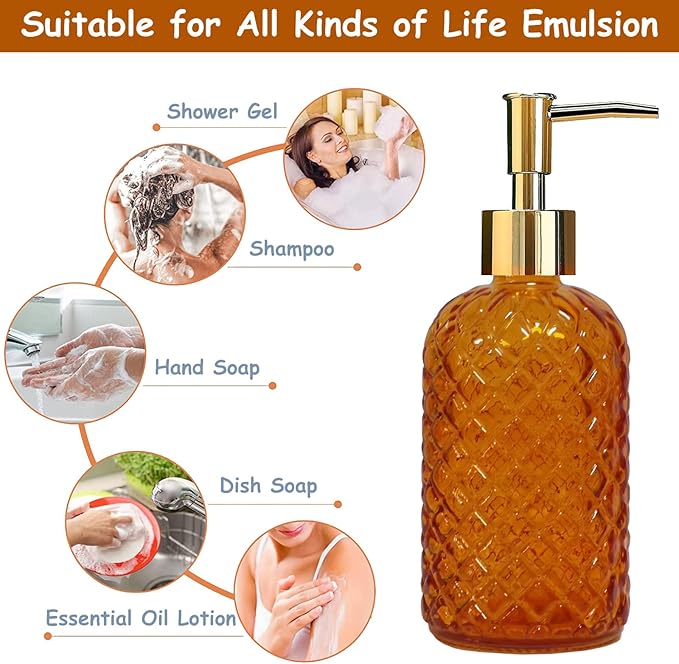 Glass Soap Dispenser with Gold Plastic Pump, 13.5oz Refillable Liquid Hand Soap - Image 4