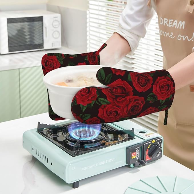 Red Black Rose Flower Oven Mitts and Pot Holders Sets of 4, Heat Resistant - Image 5