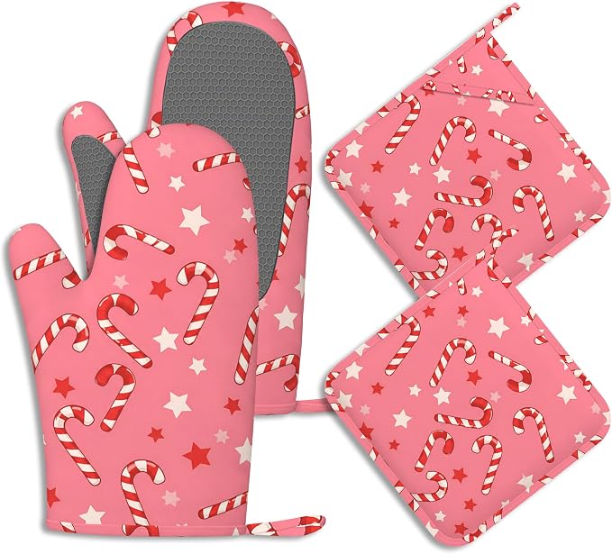 Pink Christmas Candy Cane Pot Holders and Oven Mitts Set Silicone Stars Kitchen by BIGXIUKA