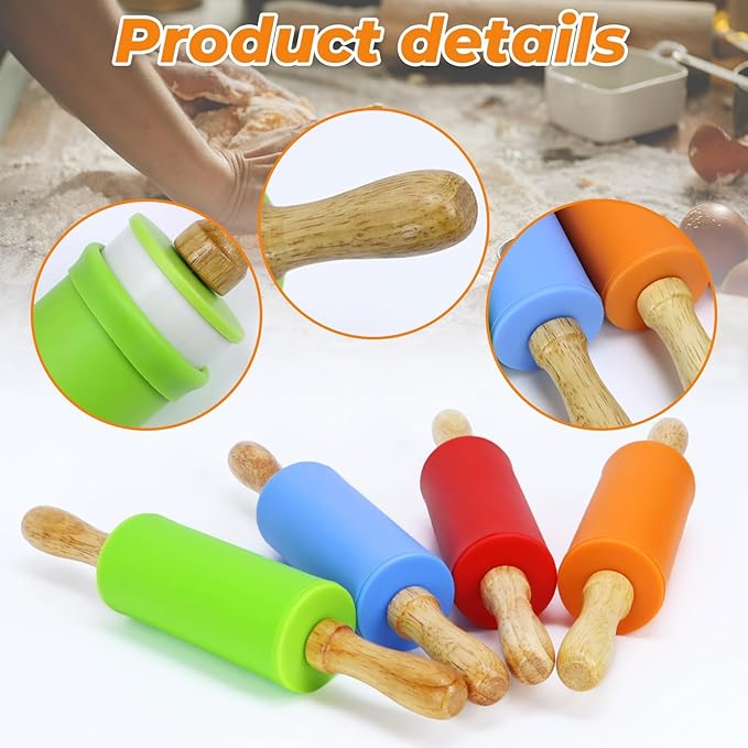 4 Pack Mini Rolling Pin for Kids, 9 Inch Wooden Handle Rolling Pin Non-Stick - Image 3