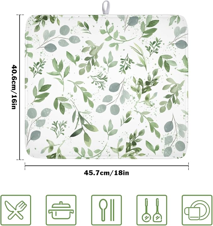 Spring Summer Sage Green Leaves Dish Drying Mat 16 x 18 Inch Spring Eucalyptus - Image 2
