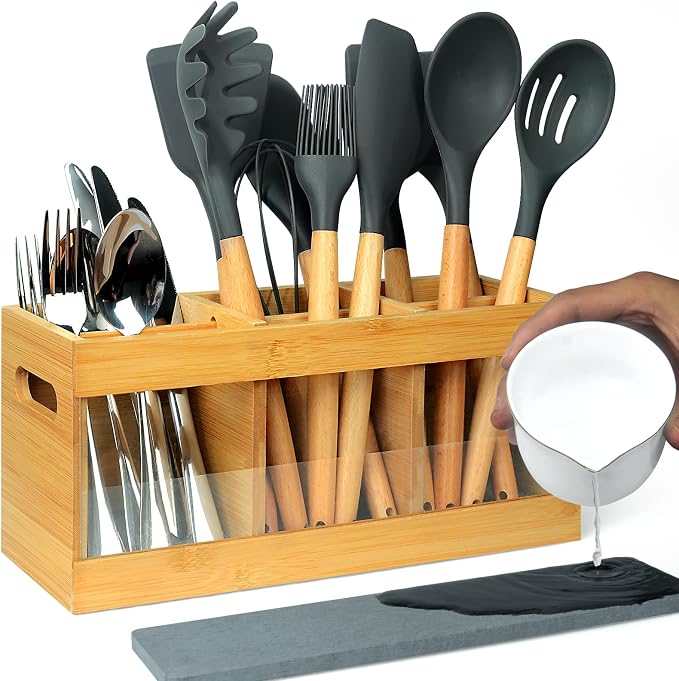 Kitchen Utensil Holder for Counter Extra Large Bamboo Wooden Utensil Organizer - Image 8