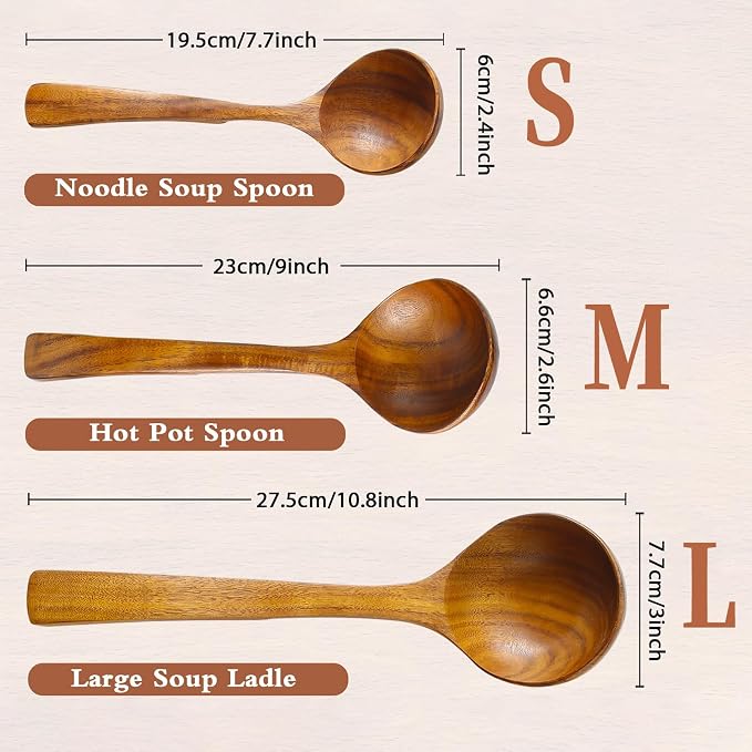 3Pcs Wooden Ladle for Soup, 3Size Natural Teak Wooden Cooking Spoons, Wood Soup - Image 2