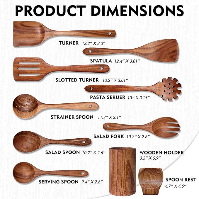 Wooden Spoons for Cooking 10 Pieces Set, Kitchen Utensils Spatula, Wooden - Image 3