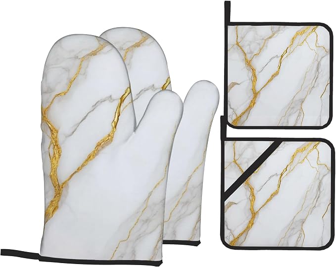 White Gold Marble Oven Mitts and Heat Resistant Pads by Unknown
