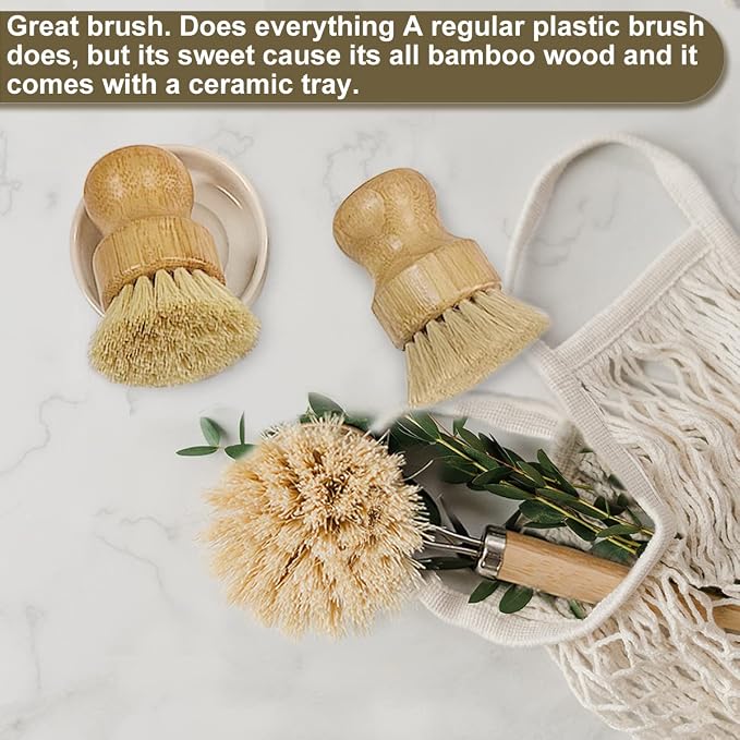 Wooden Dish Brush Set Clean Pots, Pans and Vegetable, Natural Bristles Bamboo - Image 6