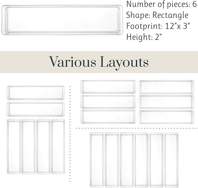 STORi SimpleSort 6-Piece Stackable Clear Drawer Organizer Set | 12" x 3" x 2" - Image 5