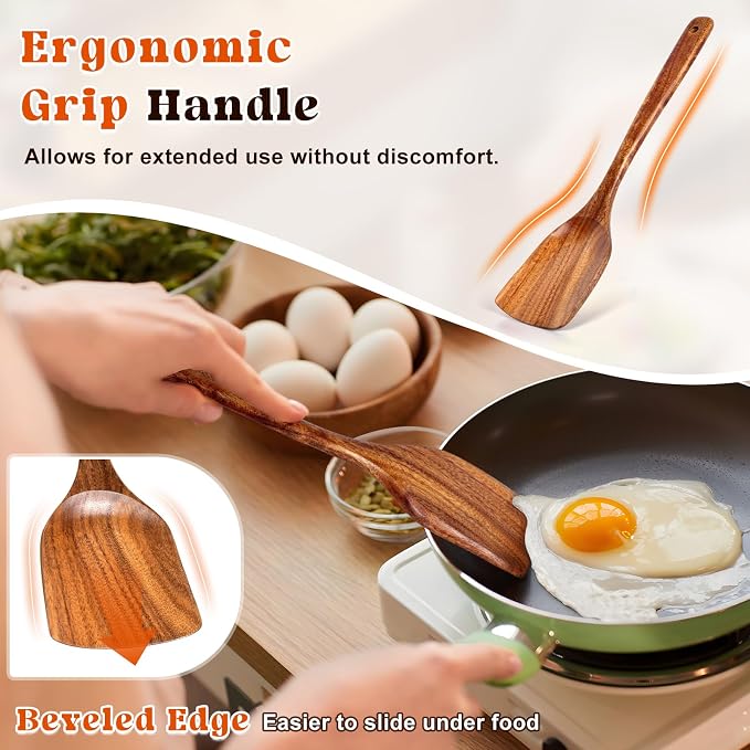 2Pcs Wooden Spatula, Acacia Solid & Slotted Turner Spatula Set, Long Handle - Image 2