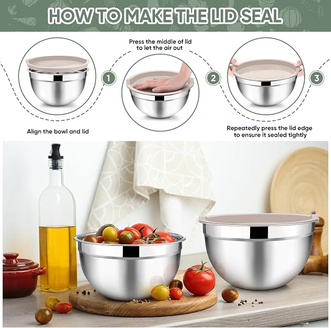 TeamFar Mixing Bowls with Lids, 5-Piece Stainless Steel Metal Nesting Salad Bowl - Image 6