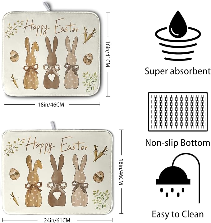 Happy Easter Bunny Dish Drying Mat Rabbits Egg Carrot Dish Pad - Image 2