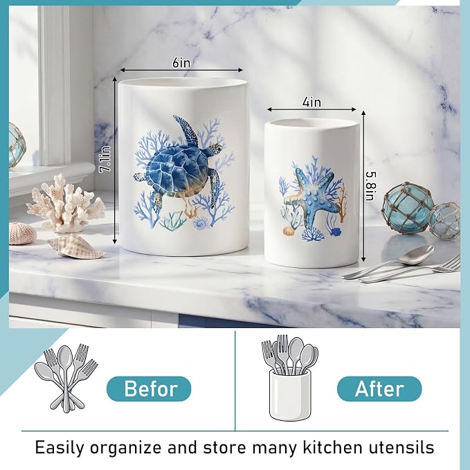 Bokon 2 Pack Ceramic Utensil Holder 6.3" + 5.1" Ocean Theme Coastal Kitchen - Image 2