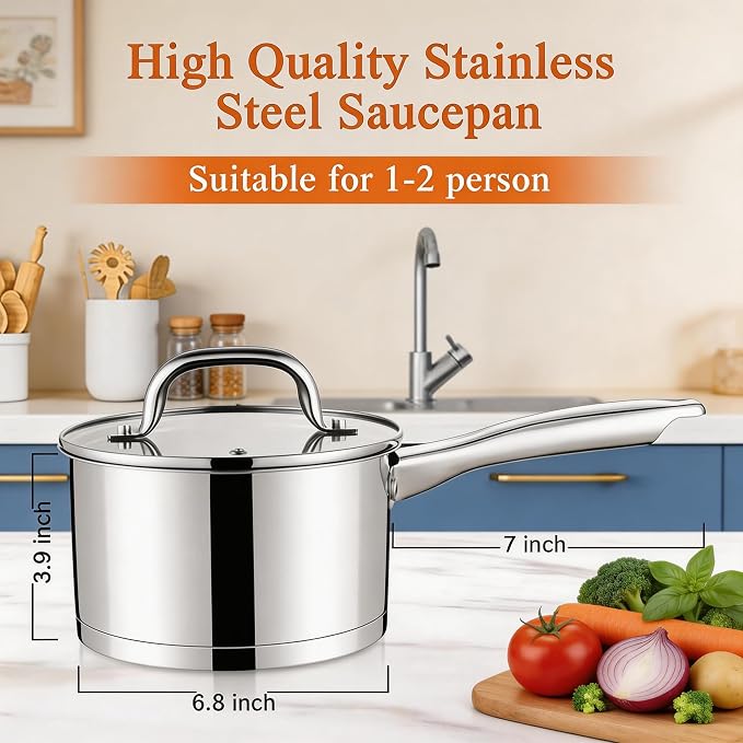 LIANYU 2 Quart Saucepan with Lid, Stainless Steel Sauce Pan Small Cooking Pot - Image 2