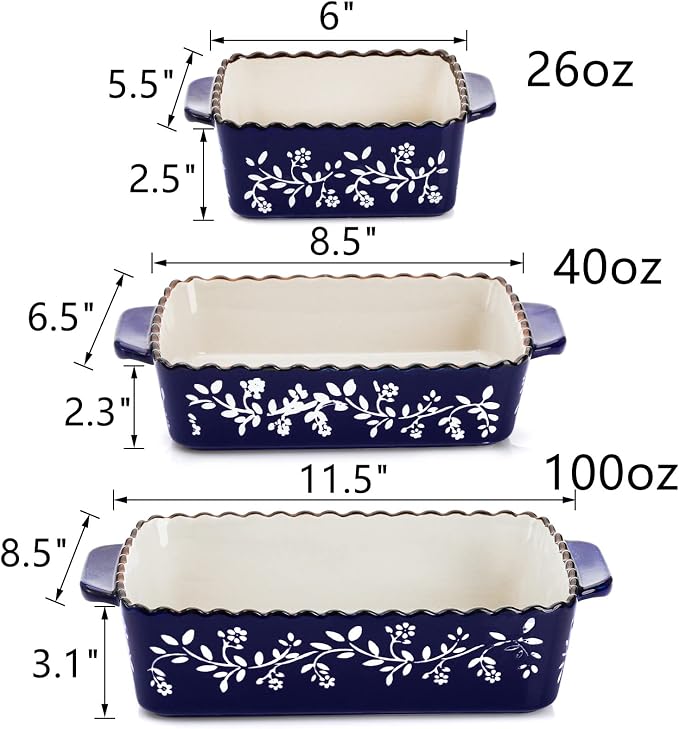 AVLA 3 Pack Ceramic Bakeware Set Porcelain Rectangular Baking Dish Lasagna Pans - Image 2