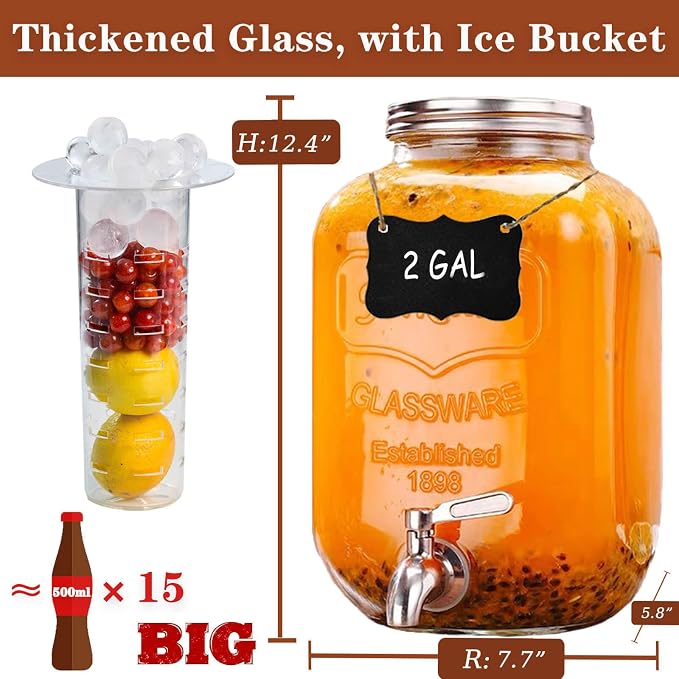 2 Gallon Drink Dispenser with 18/8 Stainless Steel Spigot, Sun Tea Glass Mason - Image 2