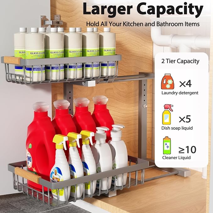Liuoud Under Sink Organizer 2 Pack, 2 Tier Slide Out Large Capacity Height - Image 2