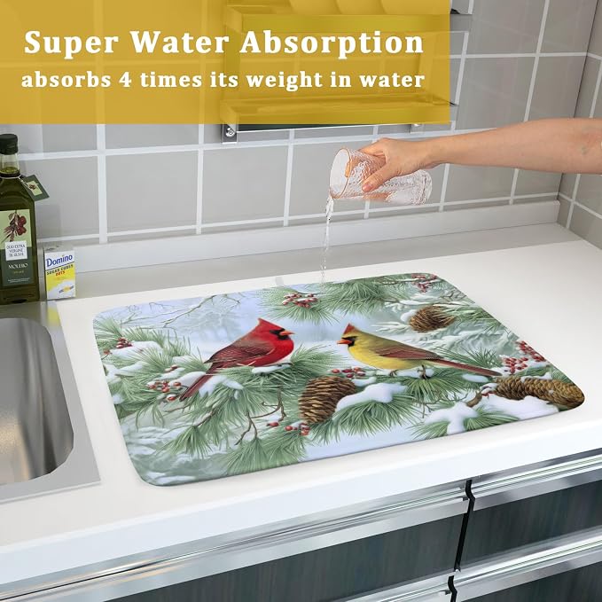Winter Dish Drying Mat for Kitchen Counter Cardinal Birds Pine Trees Festival - Image 7