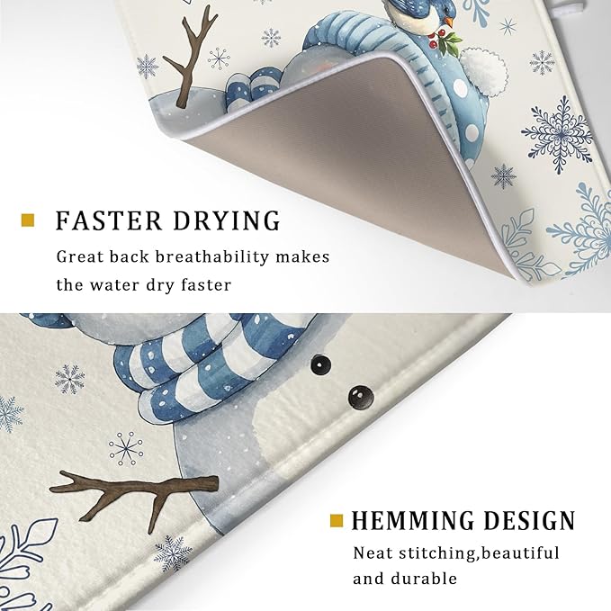 Winter Snowman Dish Drying Mat for Kitchen Counter 18x24 Blue Snowflake Bird - Image 3