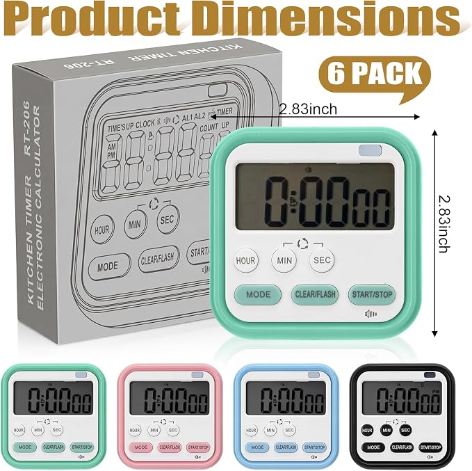 Leumoi 6 Pcs Digital Kitchen Timer 24 Hour Clock and Alarm Function Timer - Image 2
