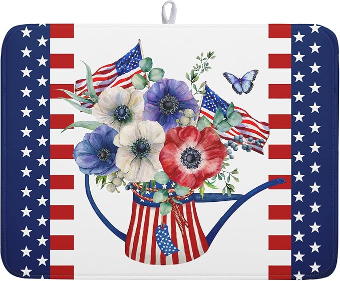Patriotic American Flag Dish Drying Mat 18x24 Inch Spring Summer Flower 4th of by Kawani