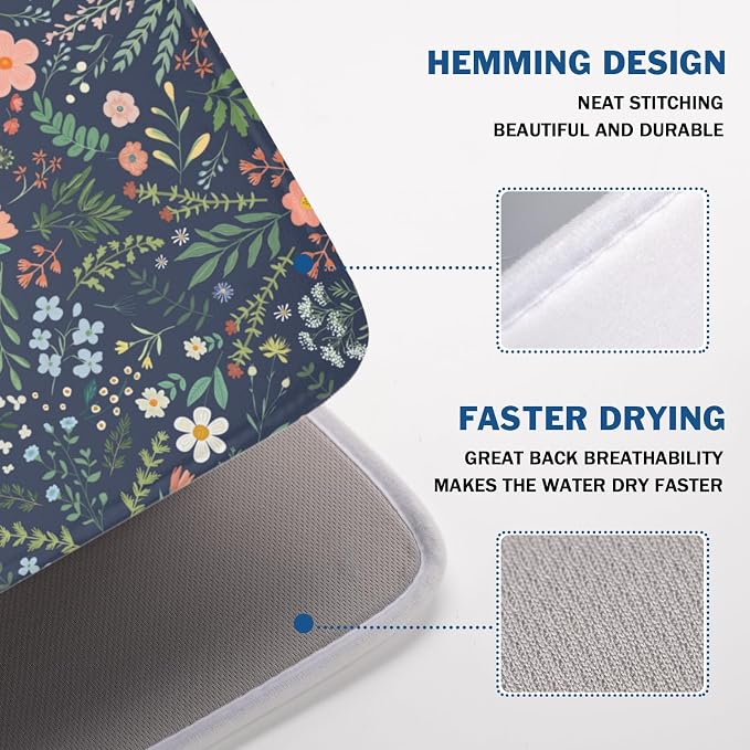 Floral Dish Drying Mat for Kitchen Counter Rustic Flower Leaves Print - Image 4