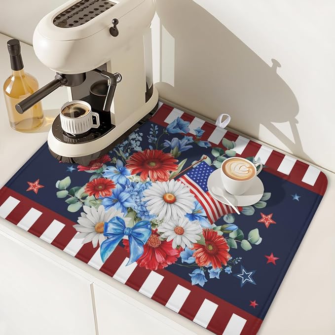 4th of July Dish Drying Mat for Kitchen Counter Patriotic Red Blue and White - Image 7