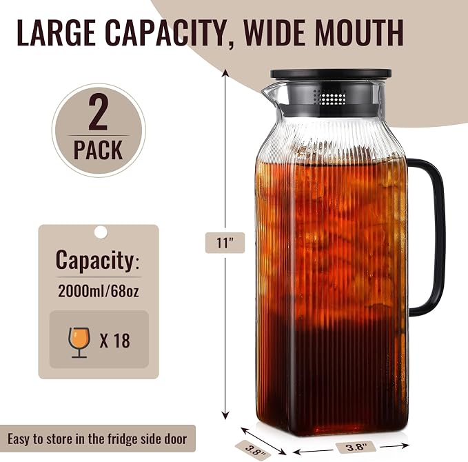 2 Pack 2 Liter/68 oz Square Glass Pitcher - Image 2