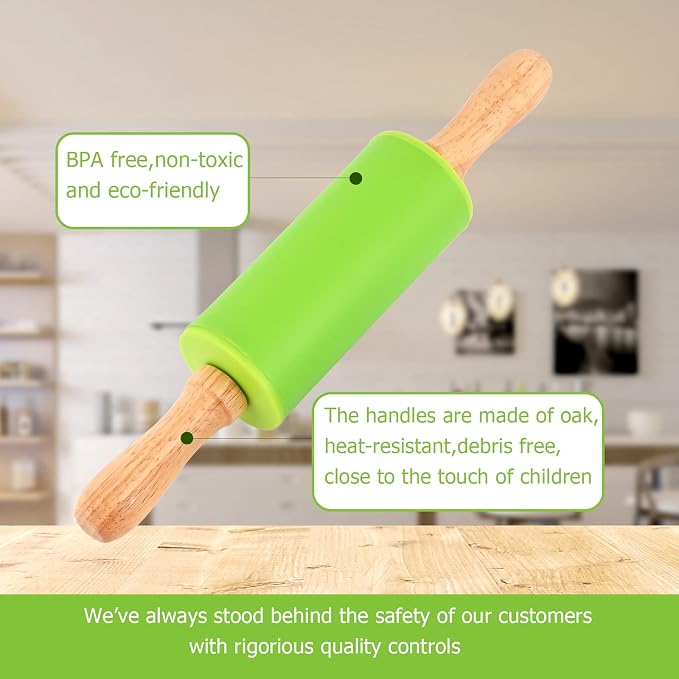 Mini Silicone Rolling Pin for Kids, Non-stick Surface Wood Handle, 9 Inch 2 Pack - Image 2