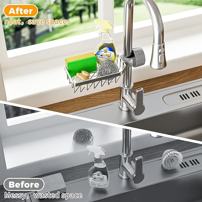 LONIN Sponge Holder Over Faucet Kitchen Sink Caddy Organizer, Stainless Steel - Image 5