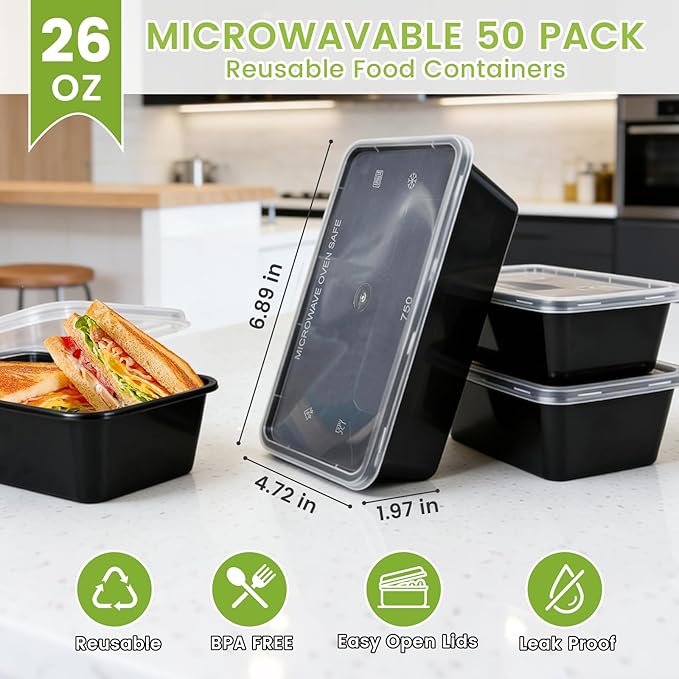 50-Pack Meal Prep Containers, 26 OZ Microwavable Reusable Food Containers - Image 2