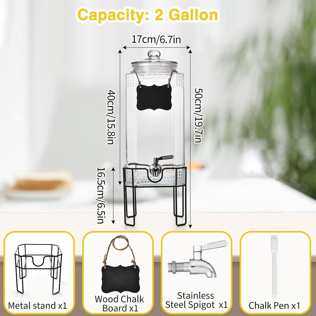 2 Gallon Glass Drink Dispenser, Drink Dispensers for Parties, Beverage