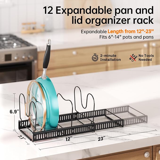 MUDEELA Expandable Pots and Pans Organizer Rack under Cabinet, Pots Lid - Image 2