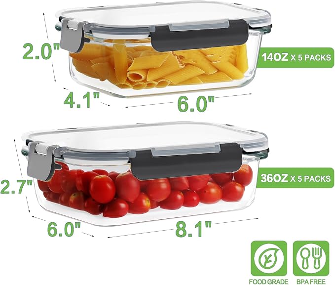 HOMBERKING 10 Pack Borosilicate Glass Meal Prep Containers - Image 2