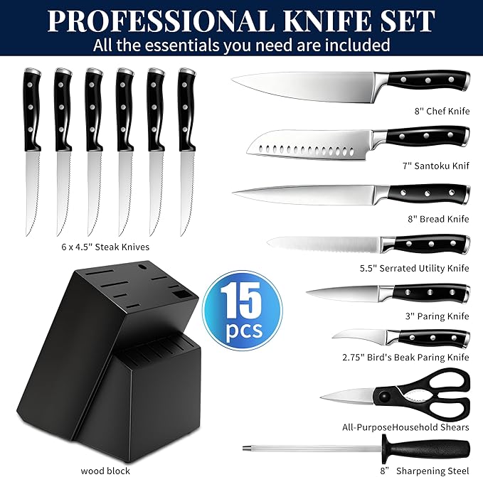 Knife Set, 15 Piece Premium Kitchen Knife Block Set, Razor-Sharp, High Carbon - Image 5