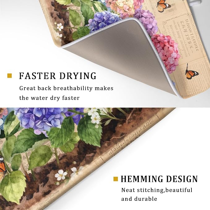 Vintage Flowers Dish Drying Mat Large 24 X18 Hydrangea Microfiber Drying Matt - Image 3