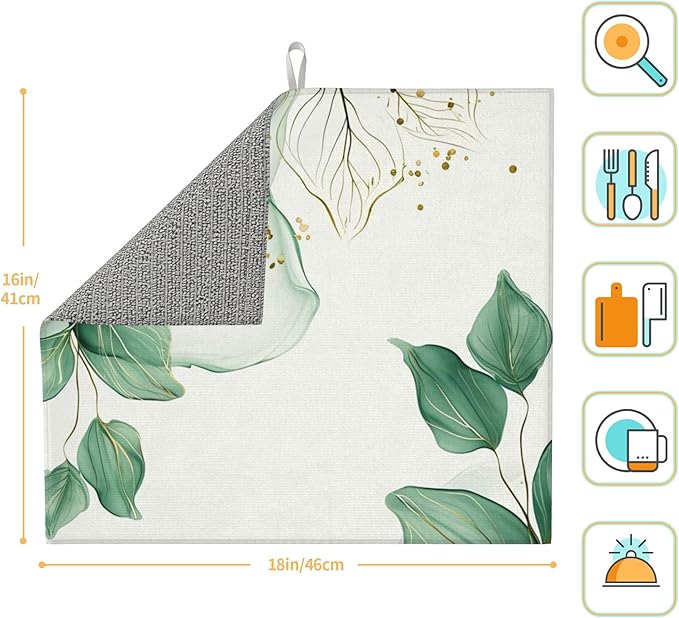 Watercolor Green Palm Leaves Dish Drying Mat 16x18 Inch, Microfiber Absorbent - Image 2