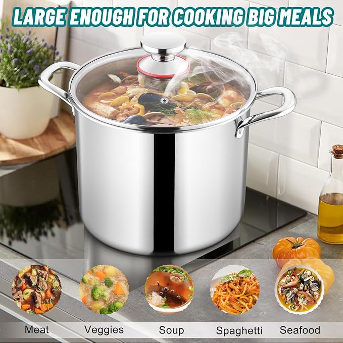 TeamFar 10 Quart Stock Pot, Stainless Steel Tri-ply Large Stockpot Pasta Soup - Image 6