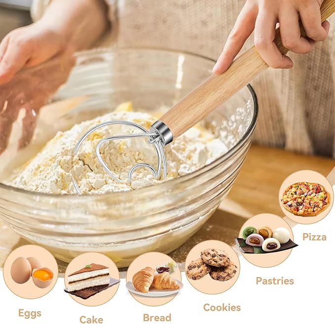 Danish Dough Whisk Dutch Bread Mixer Stainless Steel Hook Wooden Handle Baking - Image 4