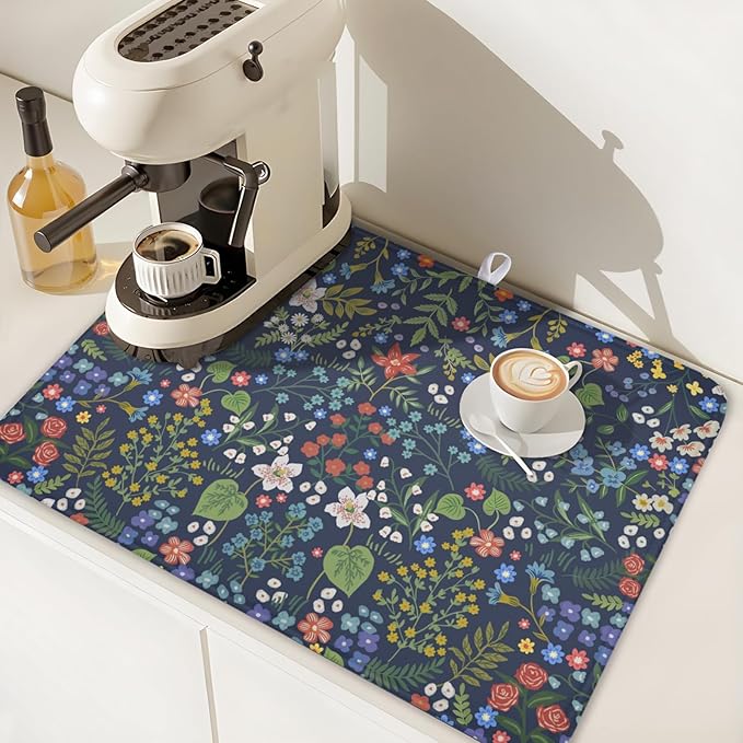 Flower Floral Dish Drying Mat 18x24 inch Microfiber Navy Blue Drying Mats - Image 5
