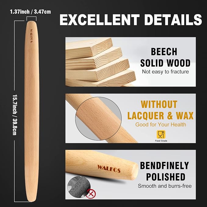 WALFOS French Rolling Pin and Silicone Baking Mat Set, Non-Stick Beech Wood - Image 3