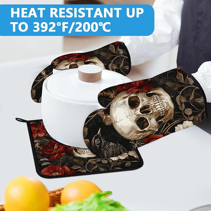 Halloween Skull Rose Crow Oven Mitts and Pot Holders Sets Heat Resistant 4Pcs - Image 5