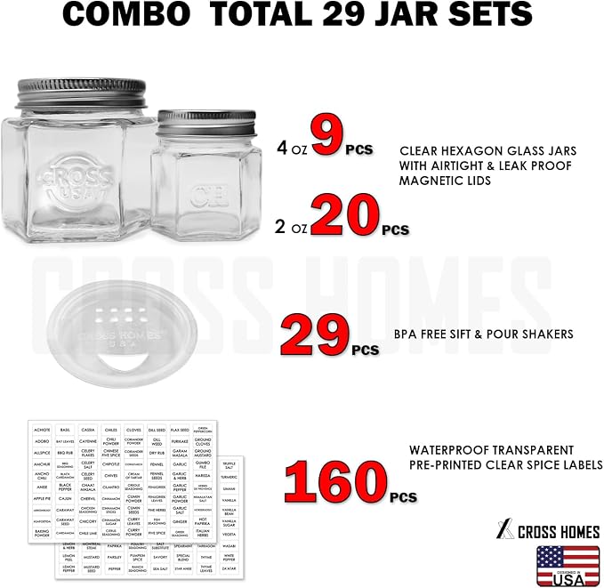 Magnetic Spice Jars Combo Pack 29 Pack Refrigerator Hexagon Glass Spice Jar - Image 2