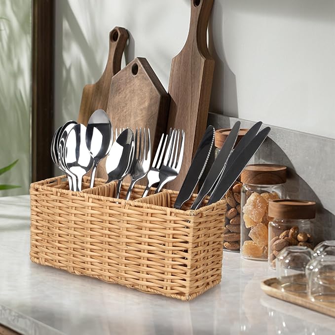 Ayiaren Wicker Flatware Silverware Caddy Cutlery Holder Kitchen Silverware - Image 4
