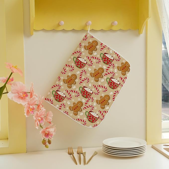 Christmas Dish Drying Mat 18x24 Inch Winter Brown Gingerbread Man Dish Drainer - Image 3