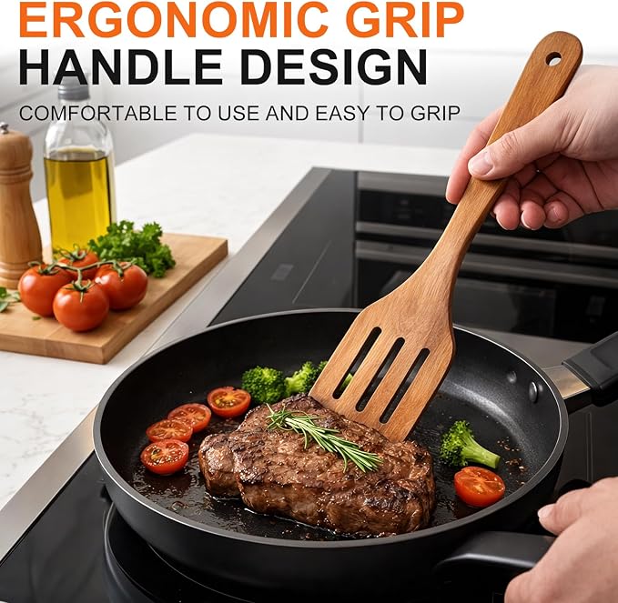7 Pcs Acacia Wood Cooking Utensils Set Large Wooden Spoons - Image 3