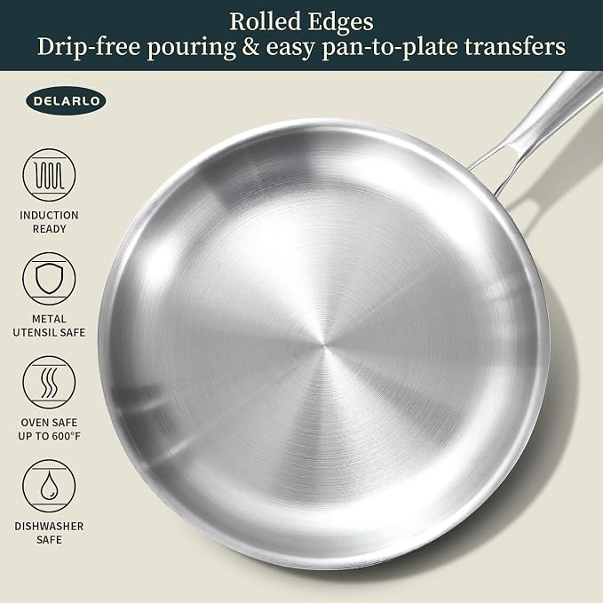 DELARLO Whole Body Tri-Ply Stainless Steel Frying Pan set, 8”/10”/12” Cooking - Image 5