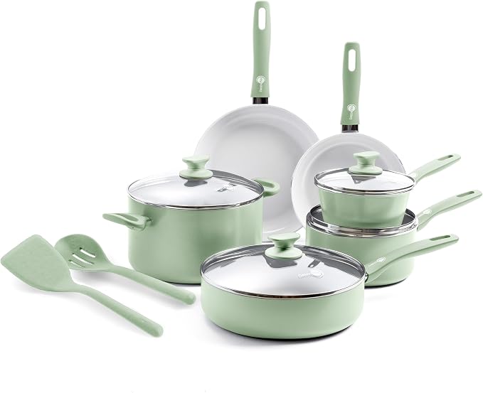 GreenPan Dover Healthy Ceramic Nonstick, 12 Piece Cookware Pots and Pans Set by GreenPan
