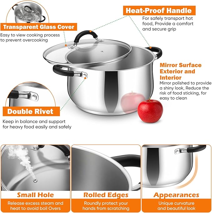 P&P CHEF Stainless Steel Stock Pot, 8 Qt Cooking Soup Pot - Image 4
