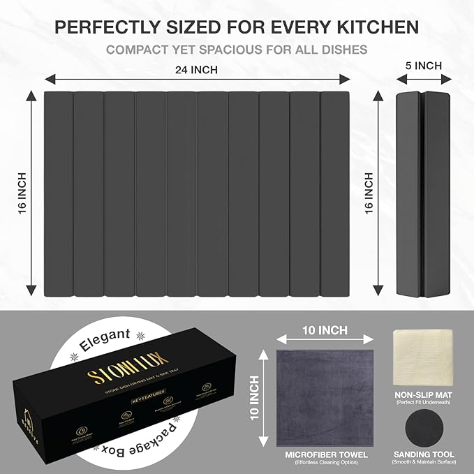 Large Stone Drying Mat for Kitchen Counter | 24"x16" | Fast Drying Collapsible - Image 3