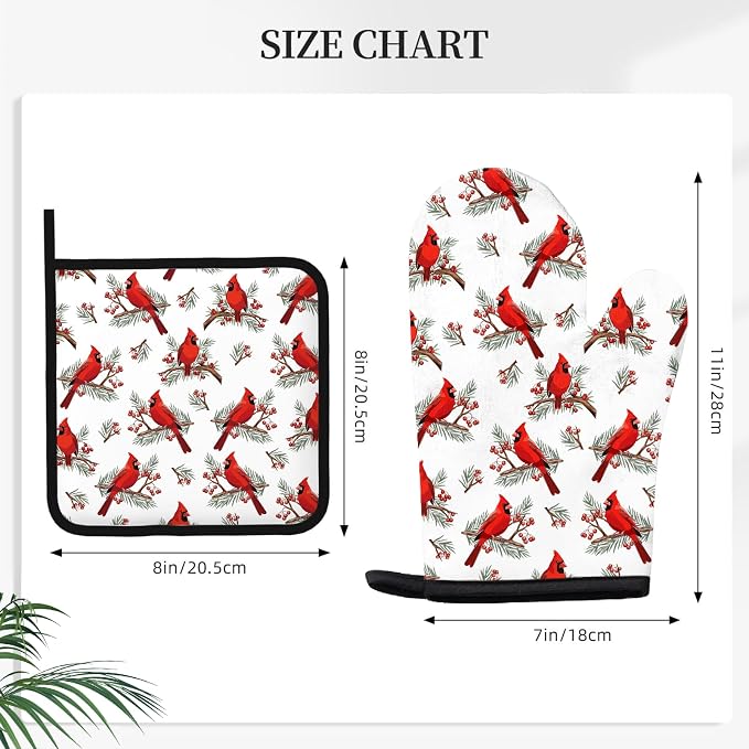 Christmas Cardinal Birds Oven Mitts and Pot Holders Sets of 3, Cardinal Birds - Image 2